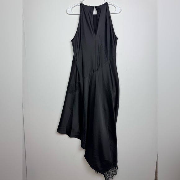 Melloday Black Satin and Lace Trim Asymmetric Hem Dress Size Large - Picture 4 of 7